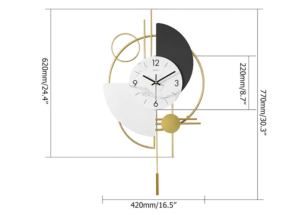 3D Mute Metal Wall Clock with Gold Pendulum